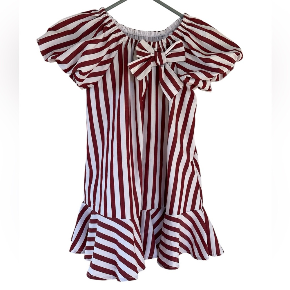 Habitual Kid Girl's Maroon & White Striped Bubble Sleeve Dress w/Bow Size 5/6
